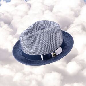 MONTIQUE MENS NAVY BRAIDED TWO TONE STINGY BRIM PINCH FEDORA HAT. H68.